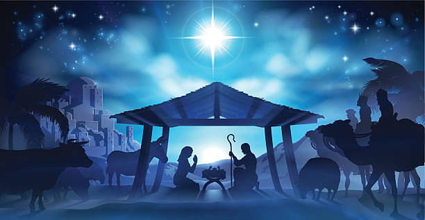 Nativity Christmas Scene Christmas Nativity Scene of baby Jesus in the manger with Mary and Joseph in silhouette surrounded by the animals and wise men with the city of Bethlehem in the distance with bethlehem star stock illustrations