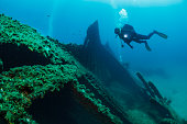 Wreck diving over a shipwreck Scuba diver point of view