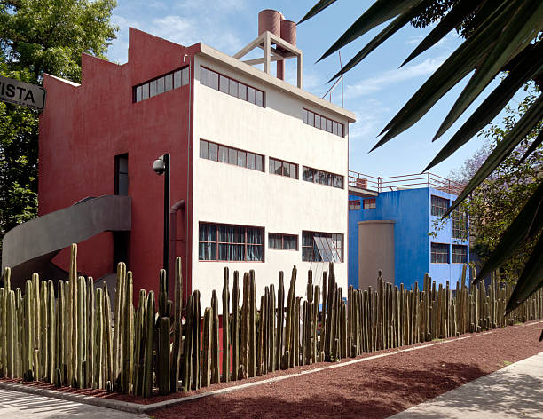 Mexico City, Mexico - March 09, 2010: The studios of Diego Rivera and Frida Kahlo seen from the street. A cactus fence separates the property from the street.