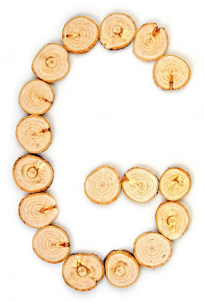 istock Alphabet letters made from Wood slice on white Background.G 585050668