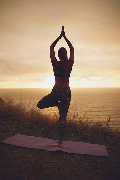 istock Female doing tree pose yoga on the cliff 585052410