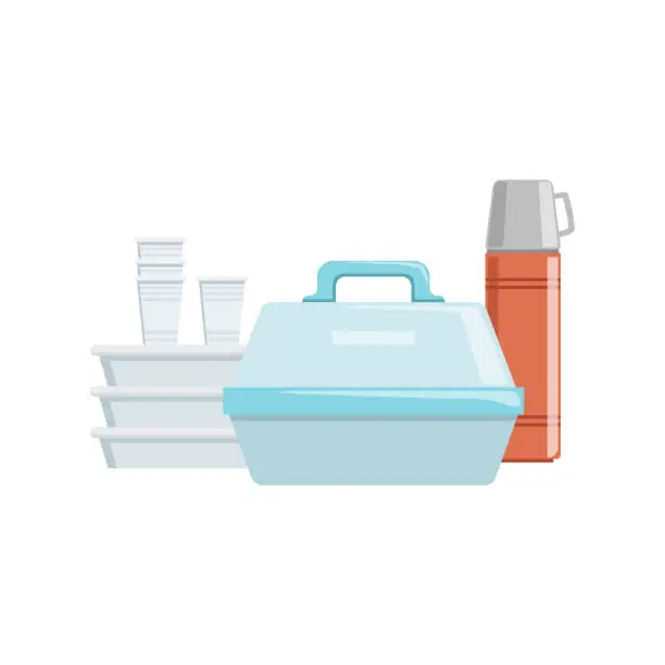 Vector illustration of Plastic Containers And Water Thermos Set Of Camping Equipment