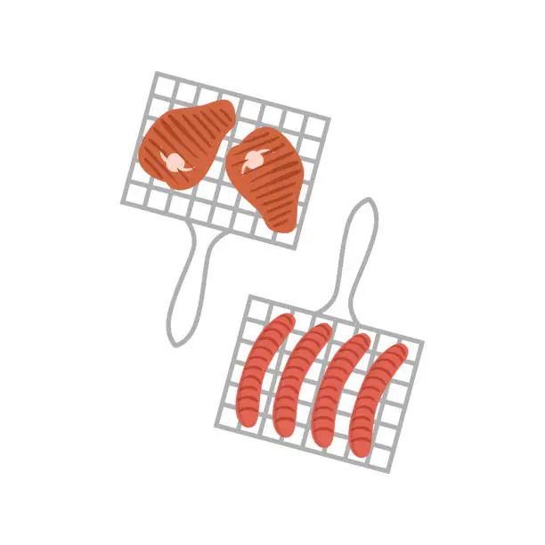 Vector illustration of Two Grill Grids With Sausages And Porc Chops