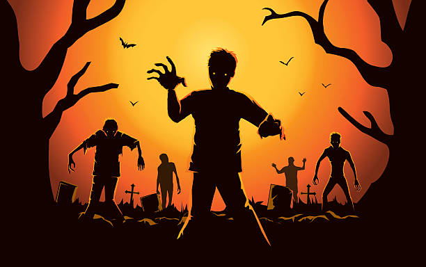 ilustraciones, imágenes clip art, dibujos animados e iconos de stock de zombie saliendo de la tumba. - zombie halloween cemetery human hand
