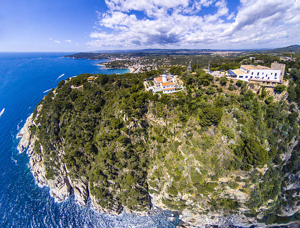 aerial view of Faro de San Sebastia Lighthouse, Llafranc and Calella de palafurgell in Costa Brava, Spain