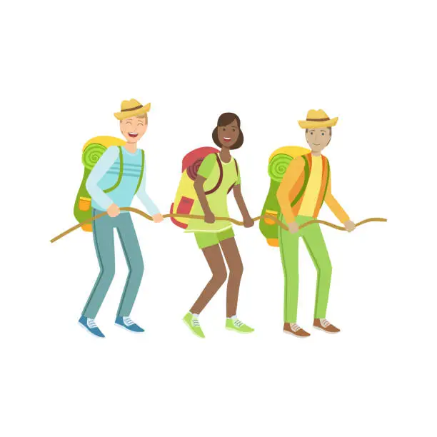 Vector illustration of Thee Hikers Holding To The Rope