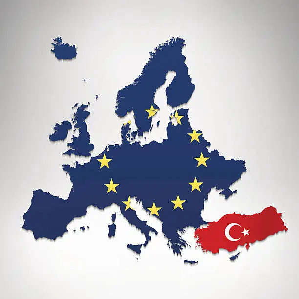Vector illustration of Europe and Turkey flag map grey space background