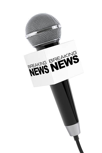istock Microphone with Breaking News Box Sign. 3d Rendering 585059692