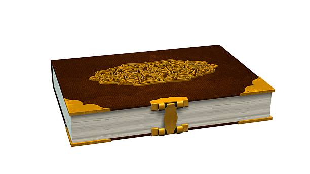 istock Old leather book with metal ornaments isolated on a white 585061798