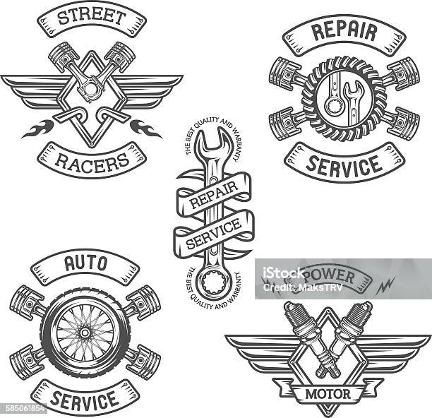 Set Of Car Emblems Badges Vintage Style Stock Illustration - Download Image Now - Badge, Car, Collection