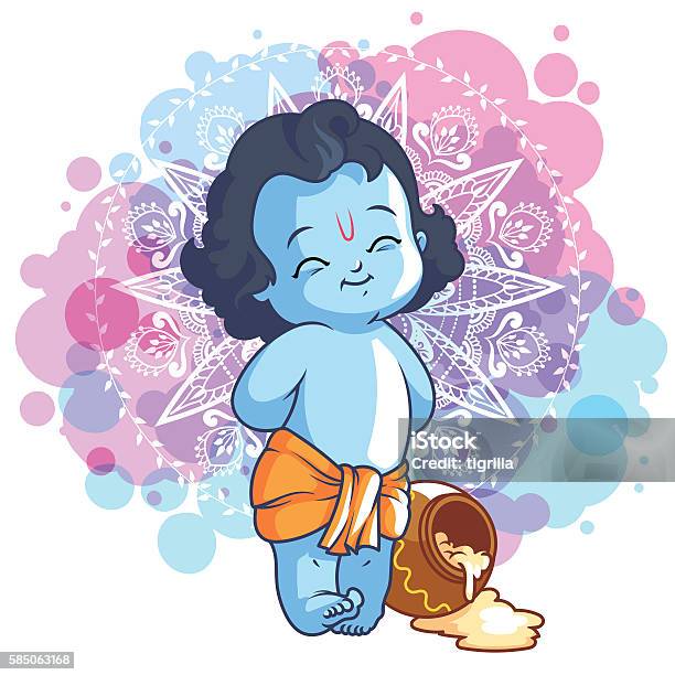 Little Cartoon Krishna With A Pot Of Butter Stock Illustration - Download  Image Now - Cartoon, Krishna, Blue - iStock