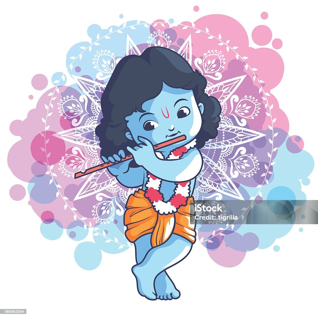 Little Cartoon Krishna With A Flute Stock Illustration - Download Image Now  - Child, Krishna, Blue - iStock