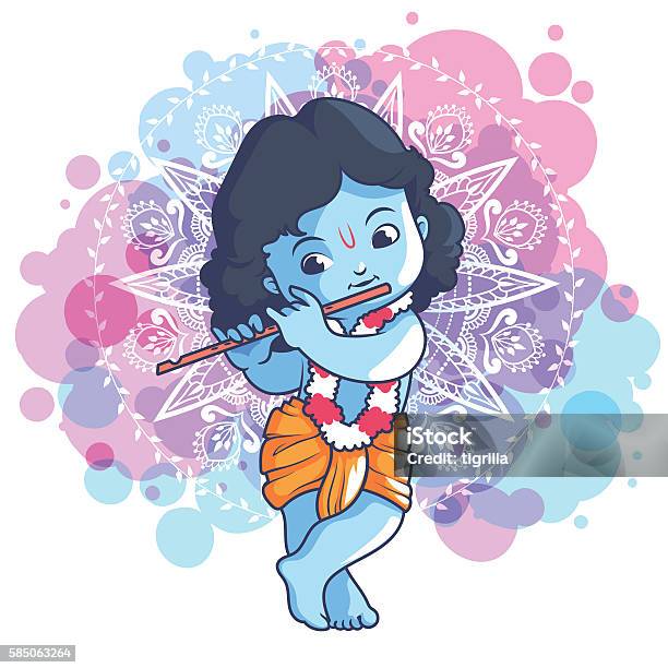 Little Cartoon Krishna With A Flute Stock Illustration - Download Image Now  - Child, Krishna, Blue - iStock