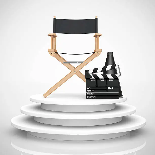 Photo of Director Chair, Movie Clapper and Megaphone over Round Stage. 3d