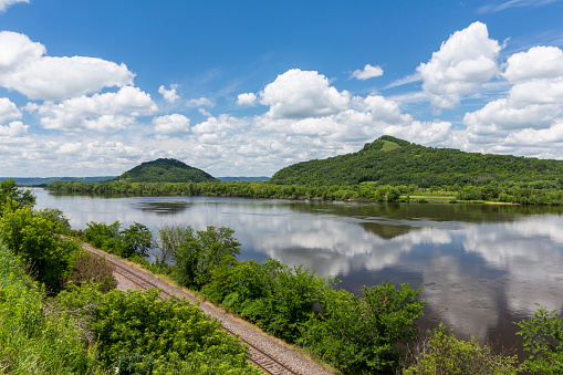 A scenic view of a calm and reflective Mississippi River