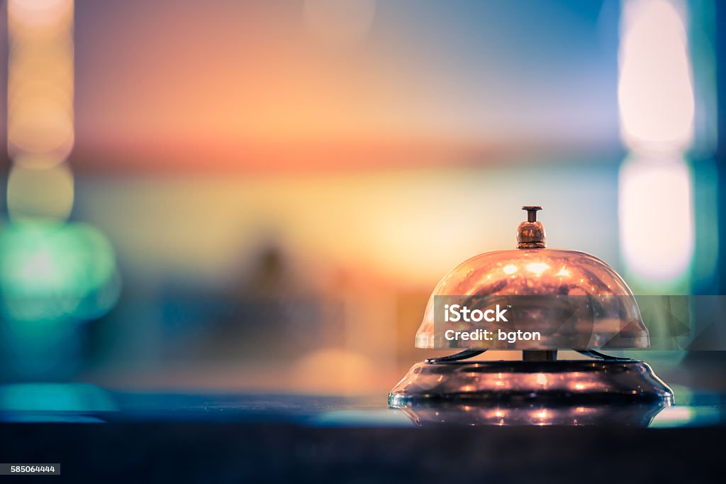 Service of bell Restaurant service bell vintage with bokeh Hotel Stock Photo