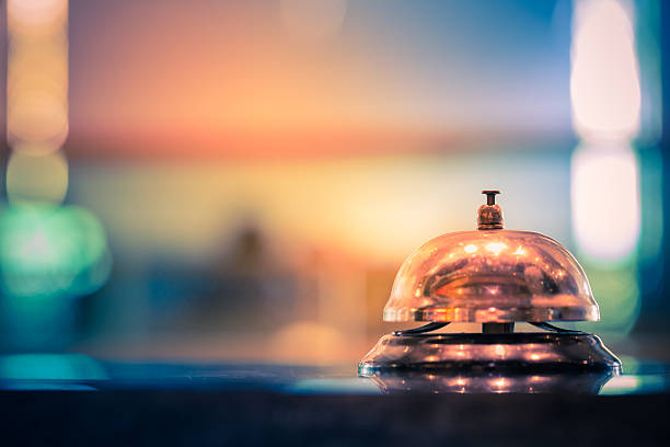 Service of bell Restaurant service bell vintage with bokeh concierge service stock pictures, royalty-free photos & images