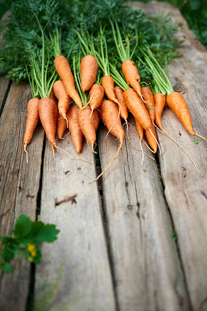 istock Fresh carrots bunch on rustic wooden background 585065612