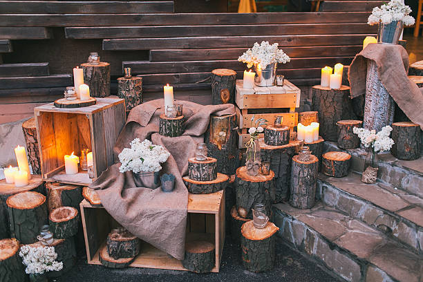 istock Rustic wedding decor, decorated stairs with sumps and lilac arra 585068480