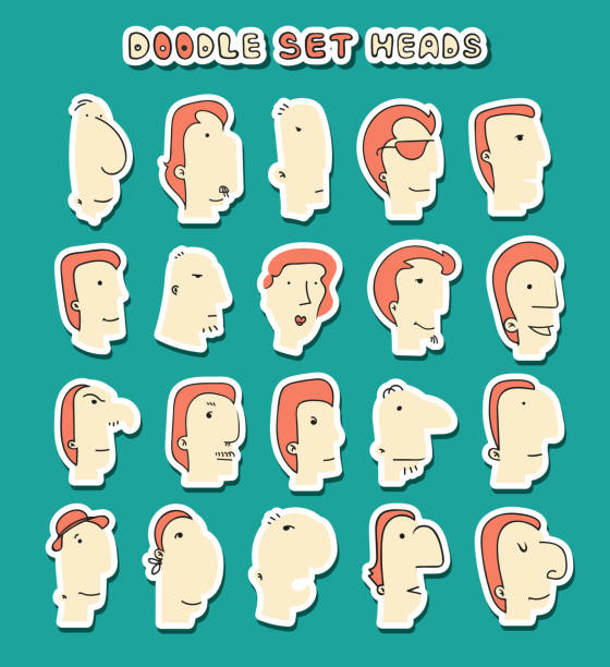 ilustrações de stock, clip art, desenhos animados e ícones de face boy. set of 20 different avatar men characters - human face manga style emoticon smiley face