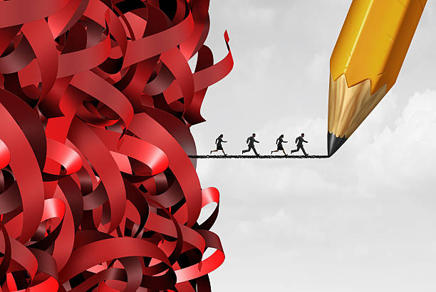 Bureaucracy Management Success Bureaucracy and administration management success with a group of tangled red tape and people running away on a pencil drawing line as a bureaucratic solution symbol with 3D illustration elements. bureaucracy stock pictures, royalty-free photos & images