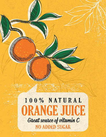 Fun Orange Juice Poster, drawn in the fun cartoon style of the 1950s and 1960s. Designed to look like old illustrated cookbooks or advertising art.