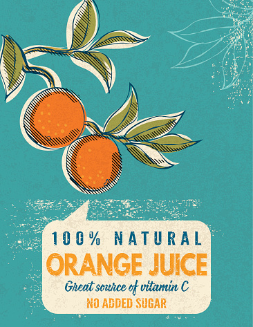 Fun Orange Juice Poster, drawn in the fun cartoon style of the 1950s and 1960s. Designed to look like old illustrated cookbooks or advertising art.