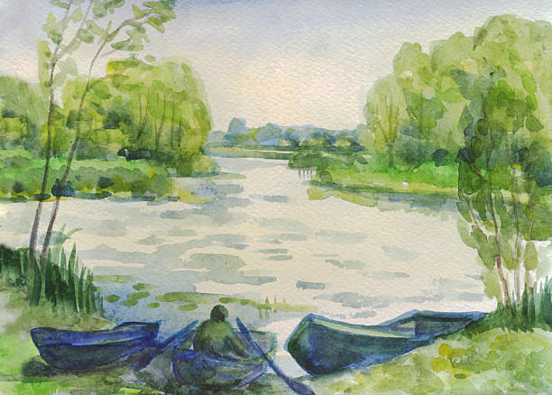 istock Summer landscape. Boats on the river. Watercolor painting 585072476