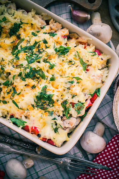 istock Warm dish baked macaroni chicken mushrooms 585074966