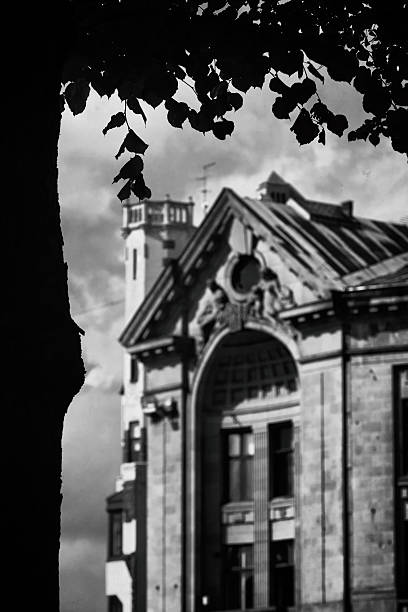 Old house behind the silhouette of a tree