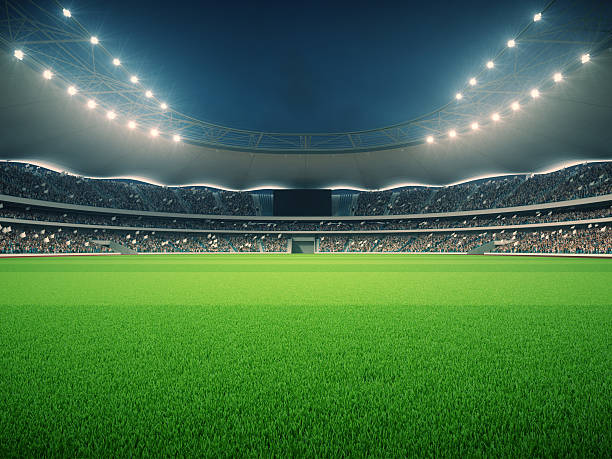 estádio com fãs na noite anterior ao jogo. renderização 3d - umbrage - fotografias e filmes do acervo