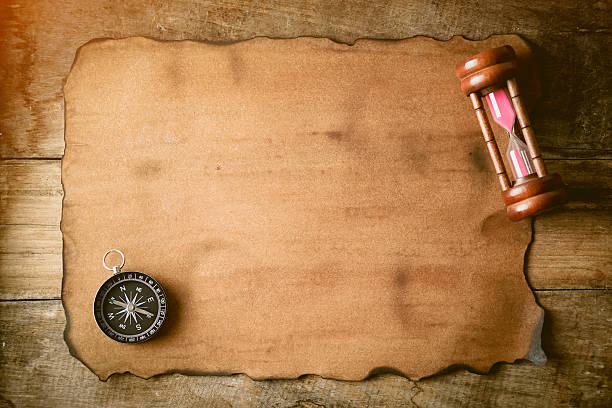 istock old paper, hourglass and compass for vintage background 585077904