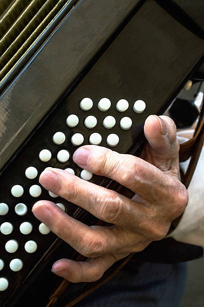 istock Details of a hand on an old accordion while playing. 585079366