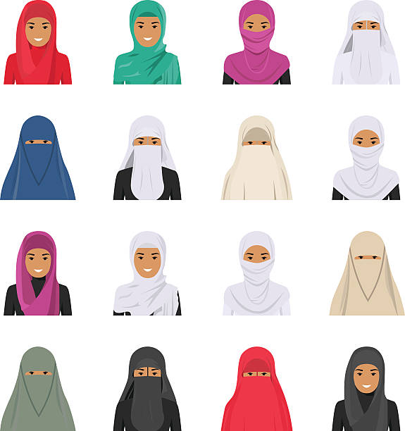 ilustraciones, imágenes clip art, dibujos animados e iconos de stock de diferencias islámicas árabes árabes mujer sonriente caras avatares - nikab veil islam arabia