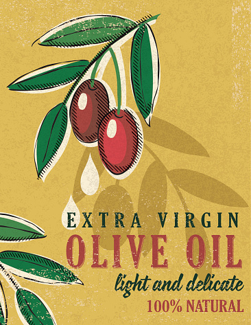 Vintage Style Olive Oil Poster, drawn in the fun cartoon style of the 1950s and 1960s. Designed to look like old illustrated cookbooks or advertising art.