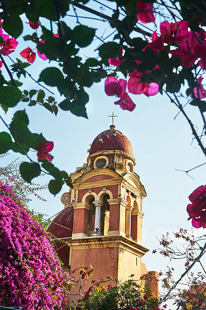 istock Orthodox bell tower with bougainvillea 585080510