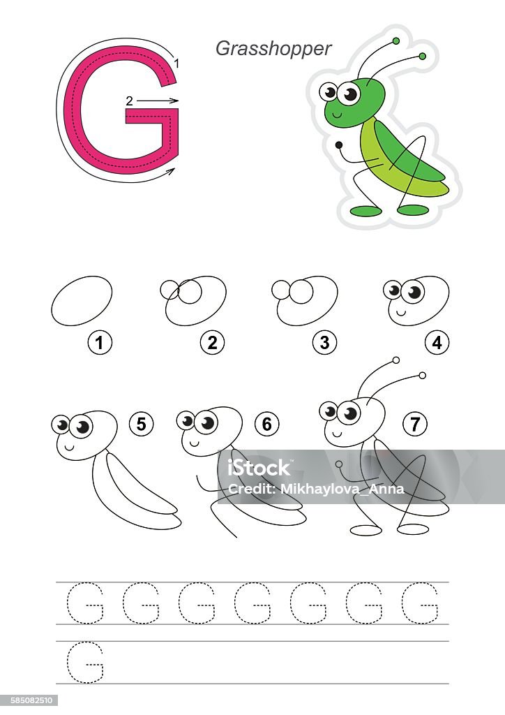 Subscript Drawing. G Easy Drawing Tutorial Game For Letter G Cute Grasshopper Stock Illustration ...