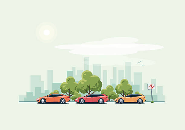 Parking Cars and City Background with Green Trees Vector illustration of modern cars parking along the city street with green trees in cartoon style. Hatchback, station wagon and sedan parked on wrong place with no parking sign. City skyscrapers skyline on green turquoise background. cityscape clipart stock illustrations