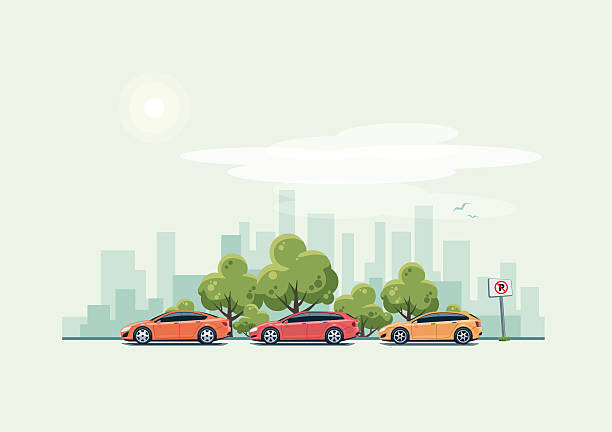 Parking Cars and City Background with Green Trees Vector illustration of modern cars parking along the city street with green trees in cartoon style. Hatchback, station wagon and sedan parked on wrong place with no parking sign. City skyscrapers skyline on green turquoise background. hatchback side stock illustrations