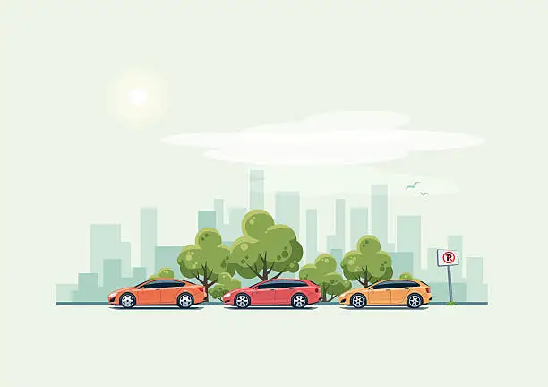 Vector illustration of Parking Cars and City Background with Green Trees