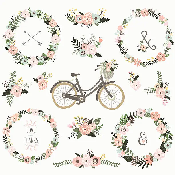 Vector illustration of Vintage Flower Wreath Bicycles - Illustration