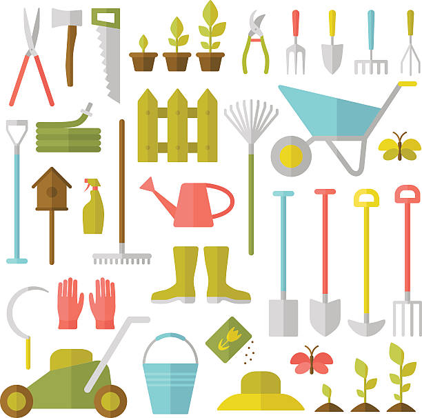 ilustraciones, imágenes clip art, dibujos animados e iconos de stock de jardinería herramientas. - gardening equipment trowel gardening fork isolated