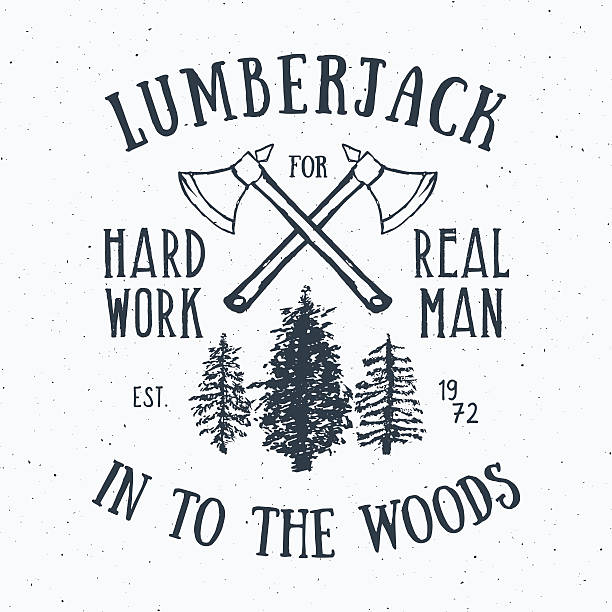 Lumberjack Vintage Label With Axe And Trees Hand Drawn Vector