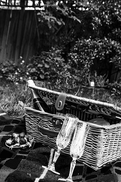 istock Black and white champagne picnic for two 585145846