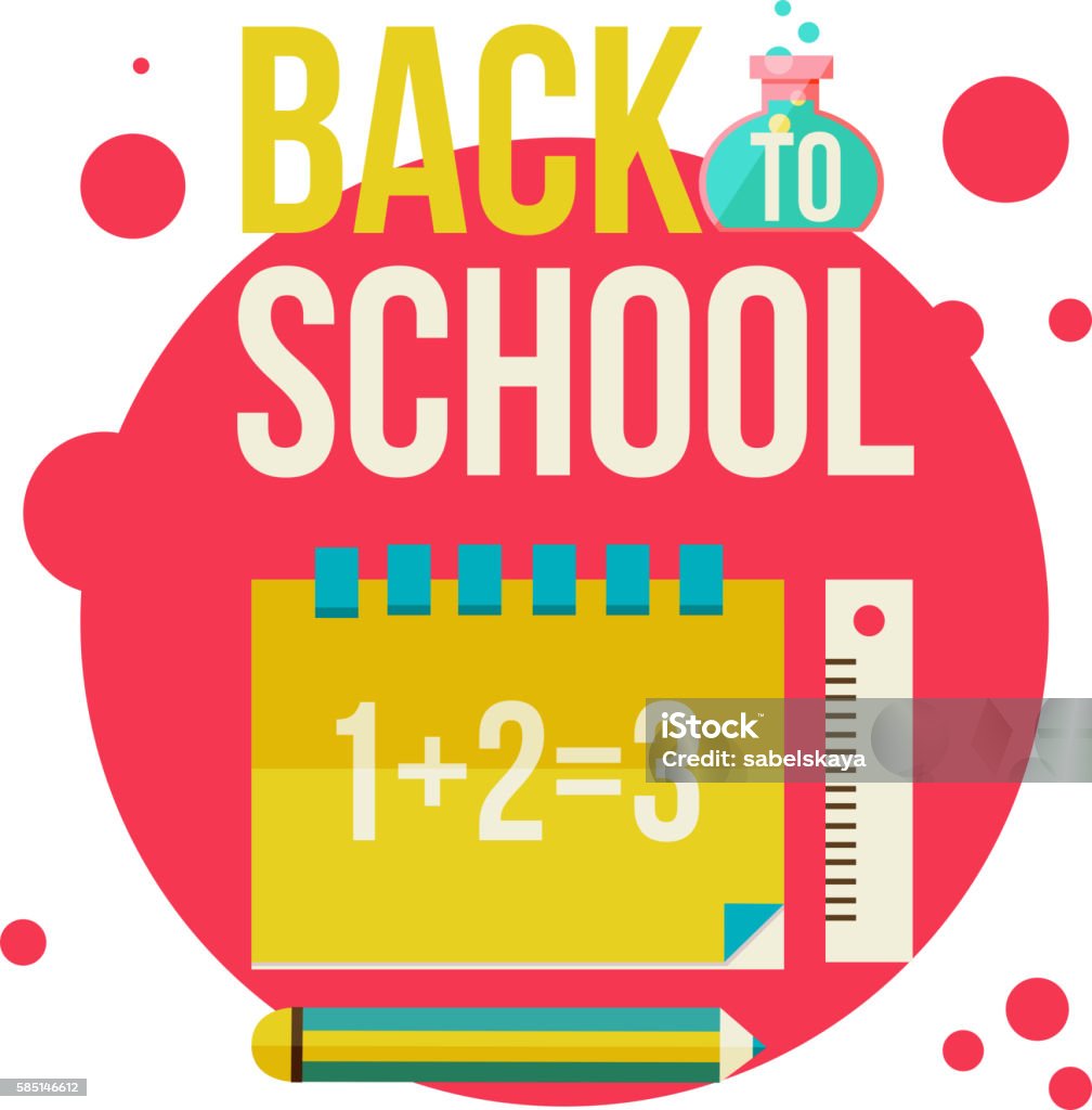 Back to school poster with notebook, pencil and ruler Back to school poster with notebook, pencil and ruler, flat style vector illustration isolated on white background. Start of school season concept, school supplies as symbol of educational process Authority stock vector