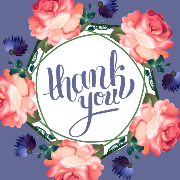 istock Calligraphic thank you post card with beautiful flowers. 585148126