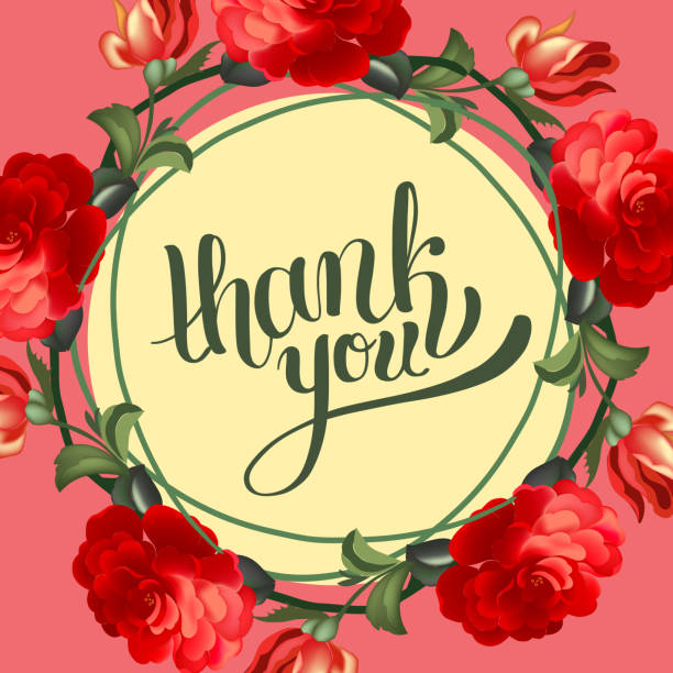 istock Calligraphic thank you post card with beautiful flowers. 585148240