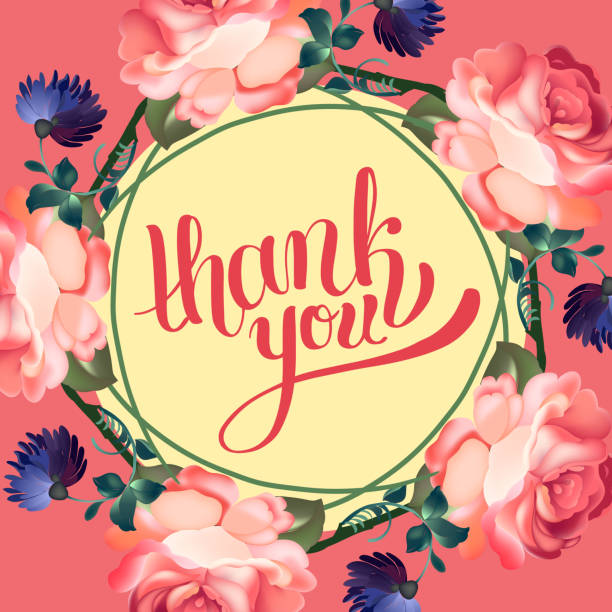 istock Calligraphic thank you post card with beautiful flowers. 585148446