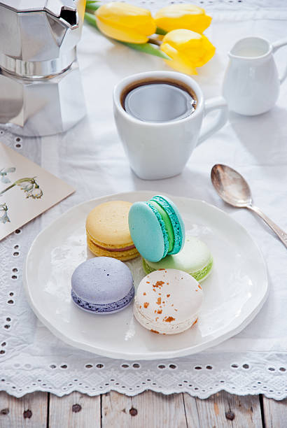 istock Breakfast with French colorful macarons 585150036
