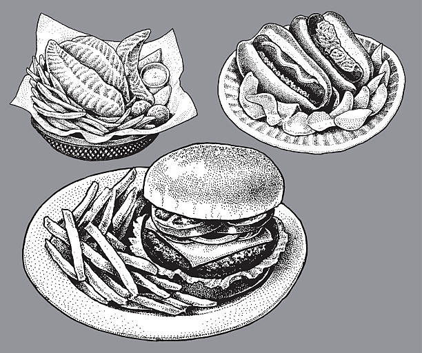 фаст-фуд, гамбургер, хот-дог, рыба и чипсы - hot dog hamburger burger grilled stock illustrations